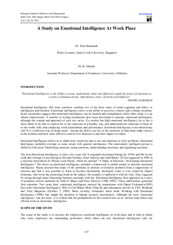 (PDF) A Study on Emotional Intelligence At Work Place