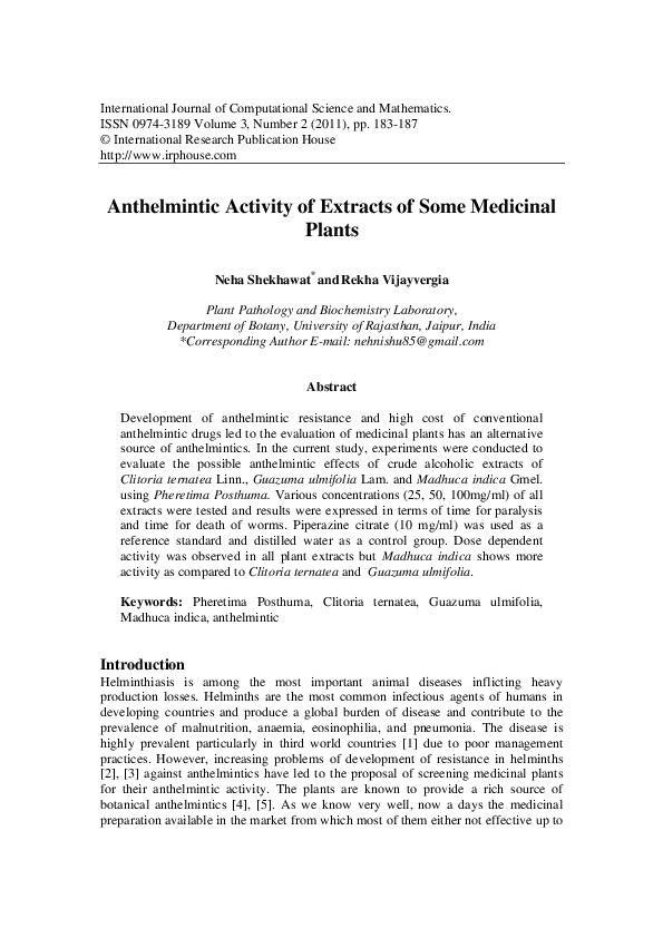 (PDF) Anthelmintic Activity of Extracts of Some Medicinal Plants