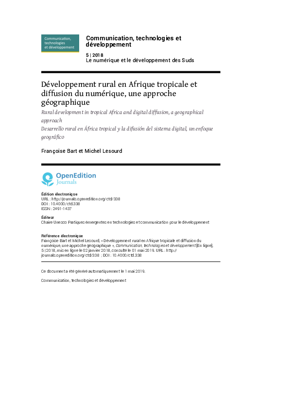 (PDF) Développement rural en Afrique tropicale et diffusion du ...