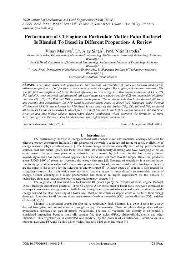(PDF) Performance of CI Engine on Particulate Matter Palm Biodiesel Is ...