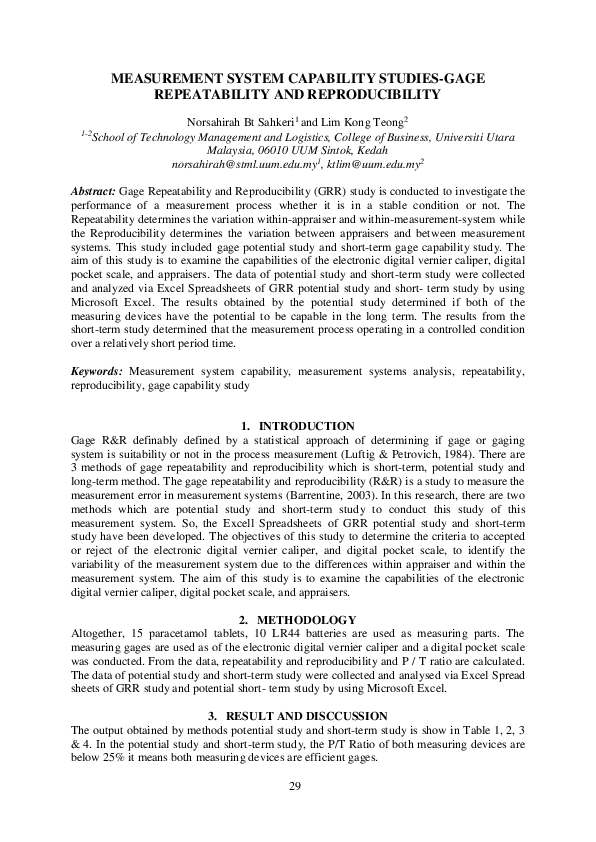 (PDF) Measurement System Capability Studies-Gage Repeatability and ...