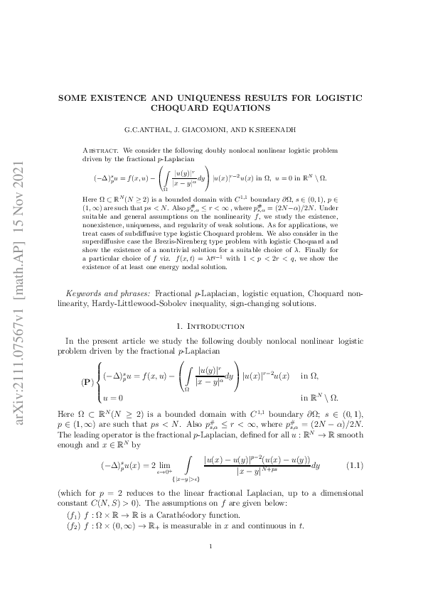 (PDF) Some existence and uniqueness results for logistic Choquard equations