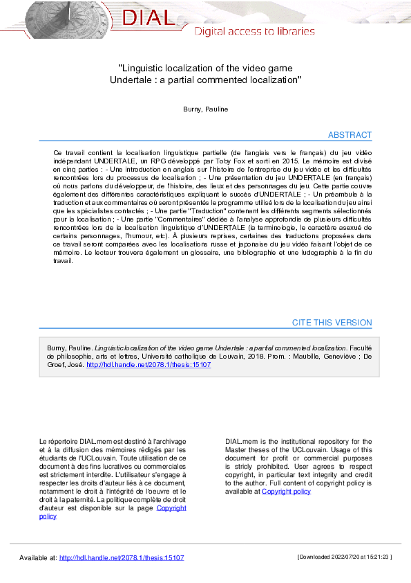 (PDF) "Linguistic localization of the video game Undertale : a partial ...