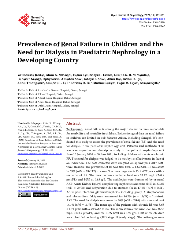 (PDF) Prevalence of Renal Failure in Children and the Need for Dialysis ...