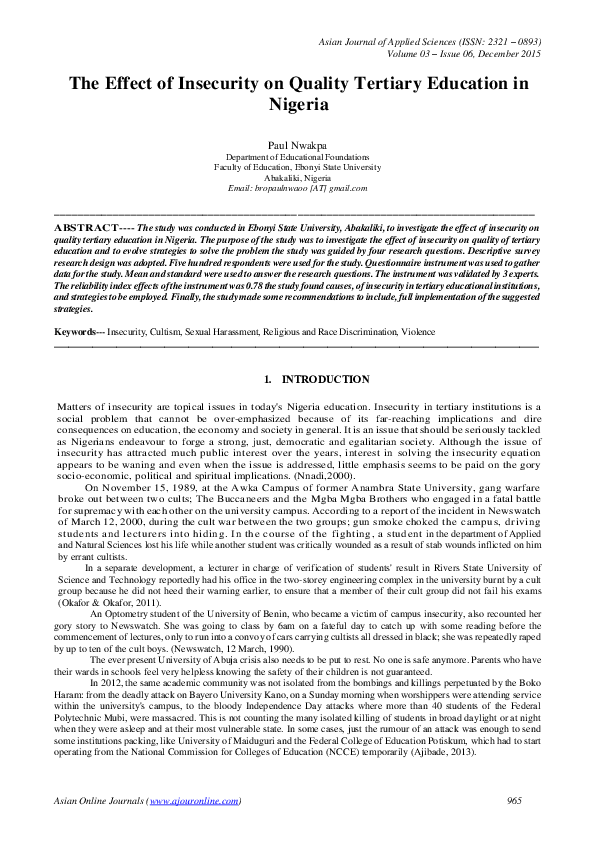 (PDF) The Effect of Insecurity on Quality Tertiary Education in Nigeria