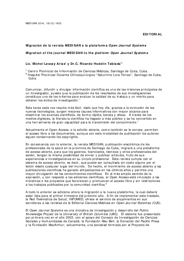  pdf migraci n de la revista medisan a la plataforma open journal systems