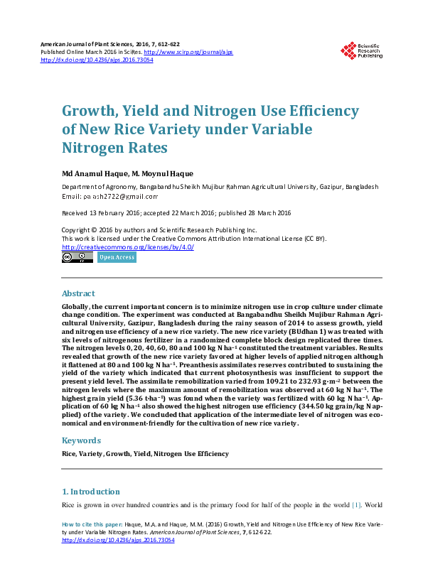 (PDF) Growth, Yield and Nitrogen Use Efficiency of New Rice Variety ...