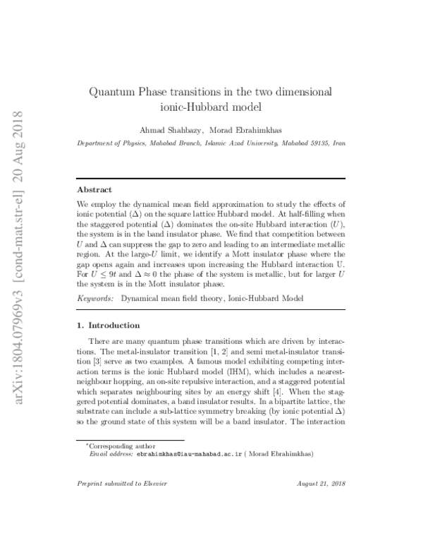 (PDF) Quantum Phase transitions in the two dimensional ionic-Hubbard model