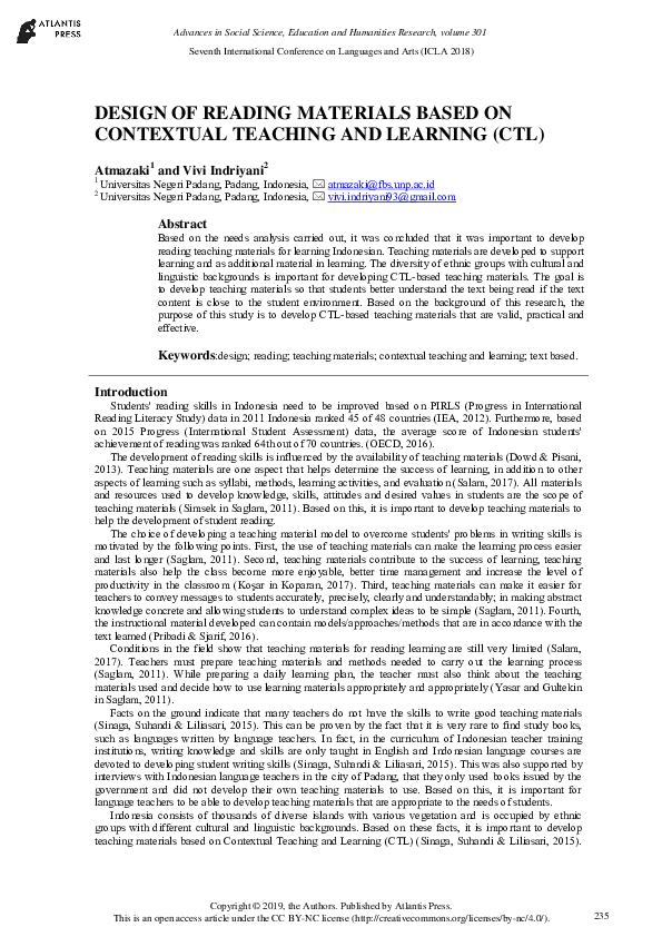(PDF) Design of Reading Materials based on Contextual Teaching and