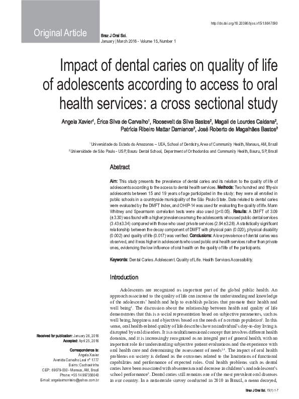 (PDF) Impact of dental caries on quality of life of adolescents ...