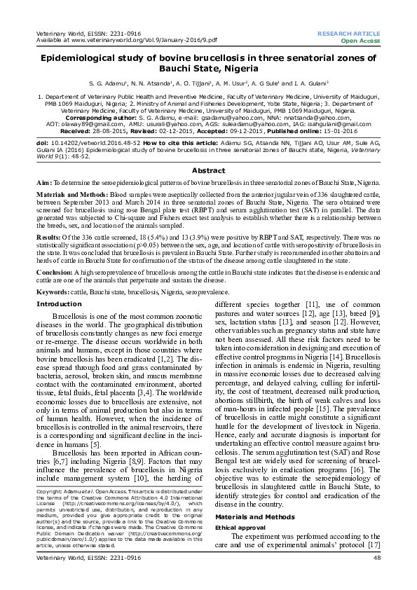 (PDF) Epidemiological study of bovine brucellosis in three senatorial ...