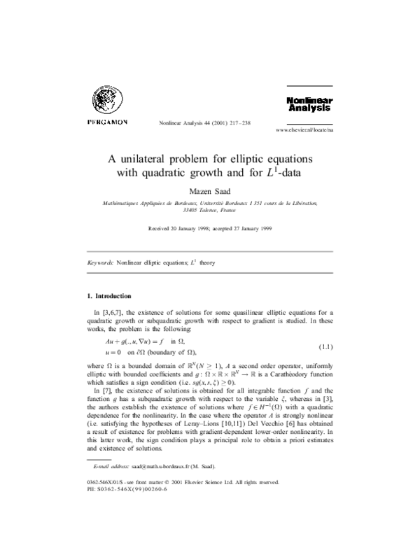 (PDF) A unilateral problem for elliptic equations with quadratic growth ...