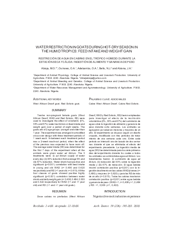 (PDF) Water restriction in goats during hot-dry season in the humid ...