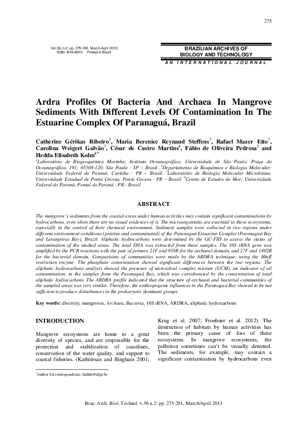 (PDF) Ardra profiles of bacteria and archaea in mangrove sediments with ...