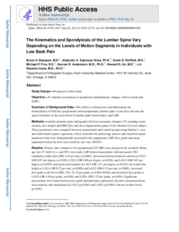 (PDF) The Kinematics and Spondylosis of the Lumbar Spine Vary Depending ...