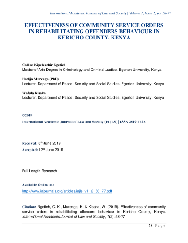 (PDF) Effectiveness of Community Service Orders in Rehabilitating ...