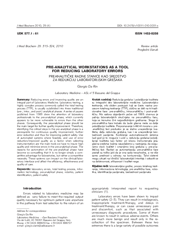 (PDF) Pre-Analytical Workstations as a Tool for Reducing Laboratory Errors