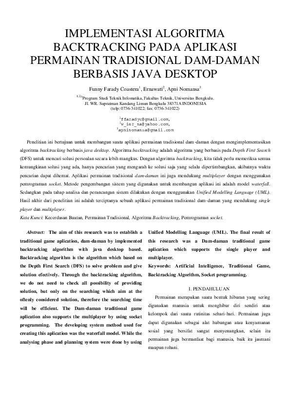 (PDF) Implementasi Algoritma Backtracking Pada Aplikasi Permainan (PDF) Implementasi Algoritma Backtracking Pada Aplikasi Permainan