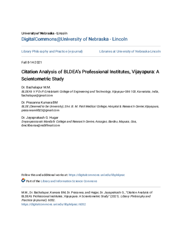 (PDF) Citation Analysis of BLDEA's Professional Institutes, Vijayapura ...