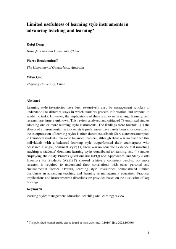 (PDF) Limited usefulness of learning style instruments in advancing