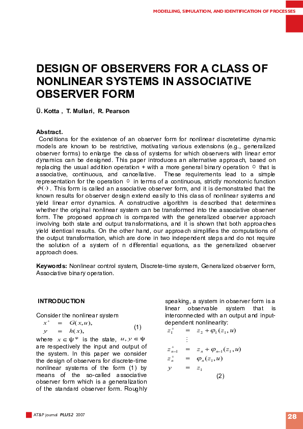 (PDF) Design of observers for a class of nonlinear systems in ...