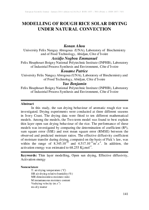 (PDF) Modelling of Rough Rice Solar Drying Under Natural Convection