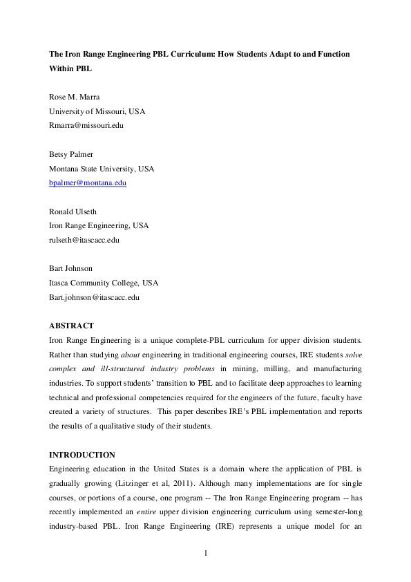 (PDF) The Iron Range Engineering PBL Curriculum: How Students Adapt to ...