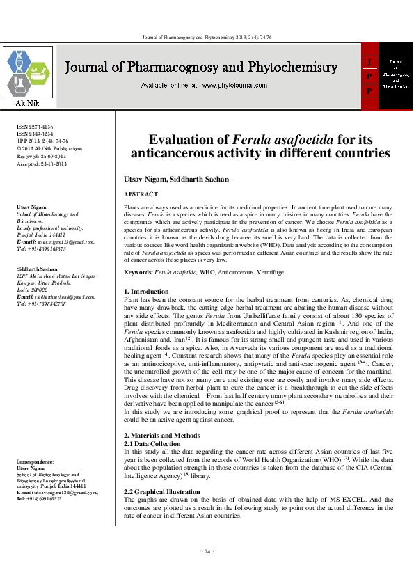 (PDF) Evaluation of Ferula asafoetida for its anticancerous activity in ...