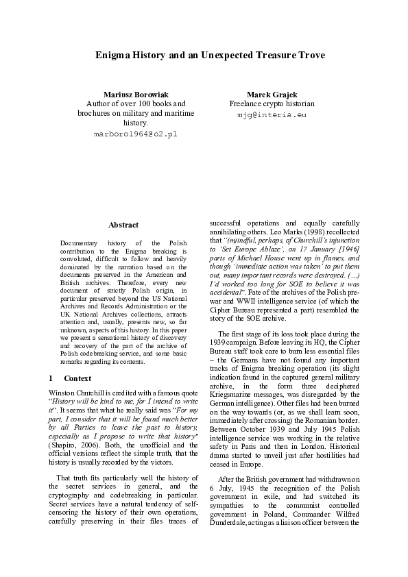 (PDF) Enigma History and an Unexpected Treasure Trove