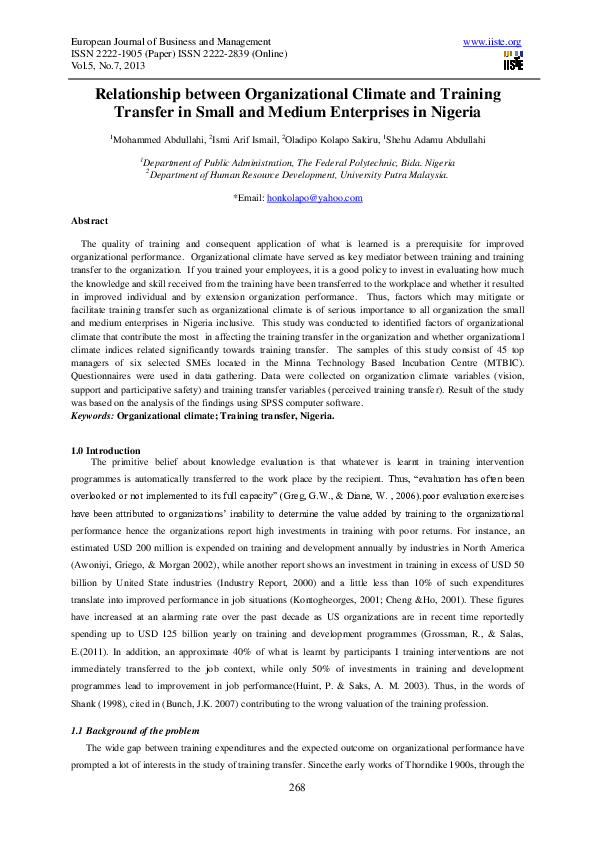 (PDF) Relationship between Organizational Climate and Training Transfer ...