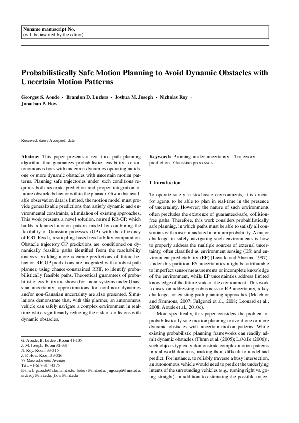 (PDF) Probabilistically safe motion planning to avoid dynamic obstacles ...