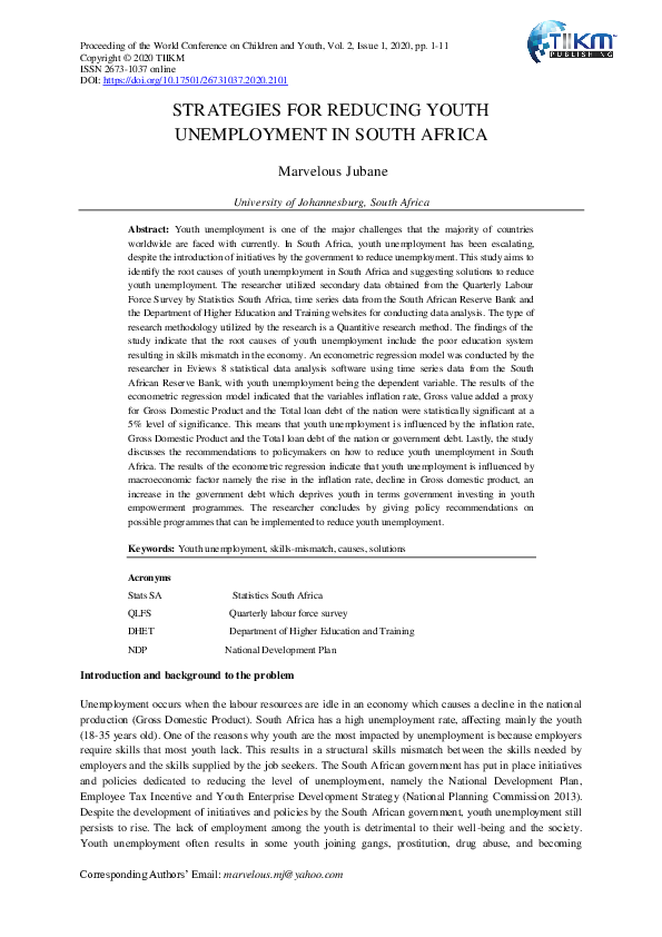 (PDF) STRATEGIES FOR REDUCING YOUTH UNEMPLOYMENT IN SOUTH AFRICA