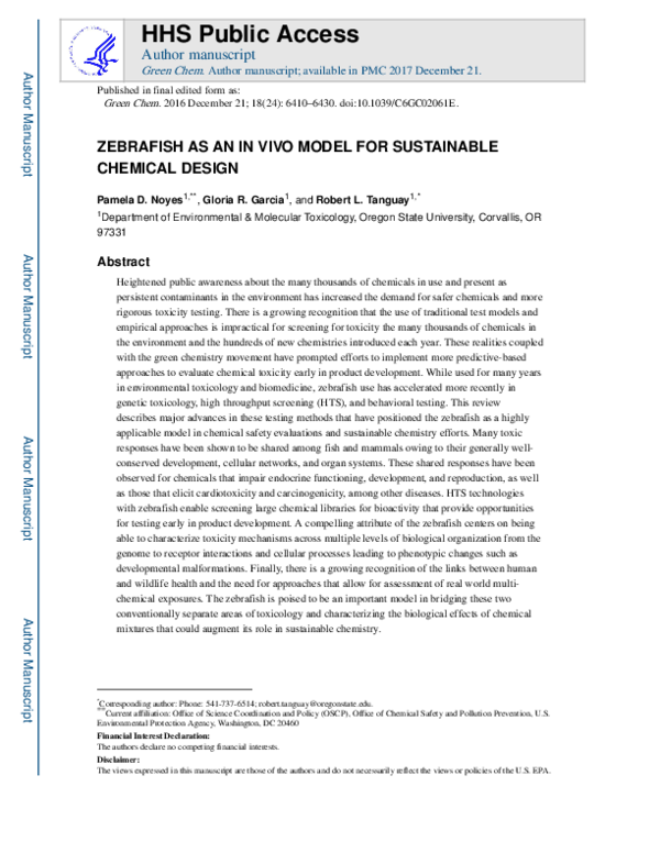 (PDF) Zebrafish as an in vivo model for sustainable chemical design