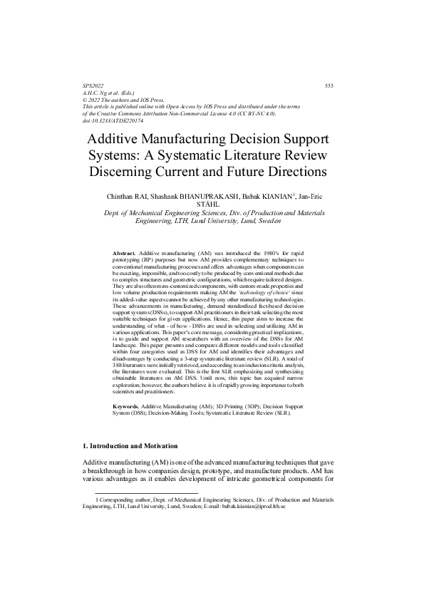 (PDF) Additive Manufacturing Decision Support Systems A Systematic