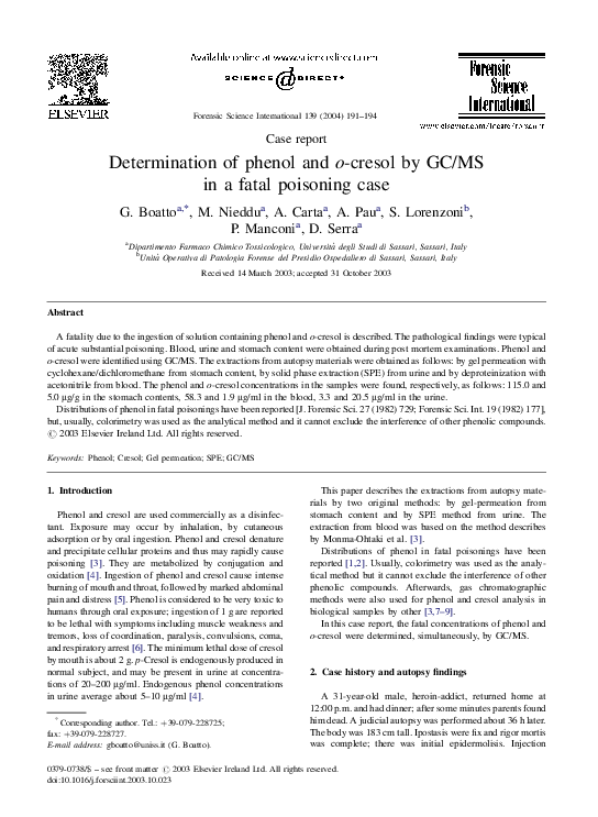 (PDF) Determination of phenol and o-cresol by GC/MS in a fatal ...