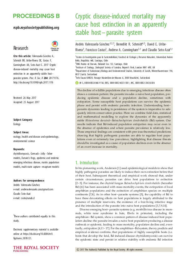 (PDF) Cryptic disease-induced mortality may cause host extinction in an ...