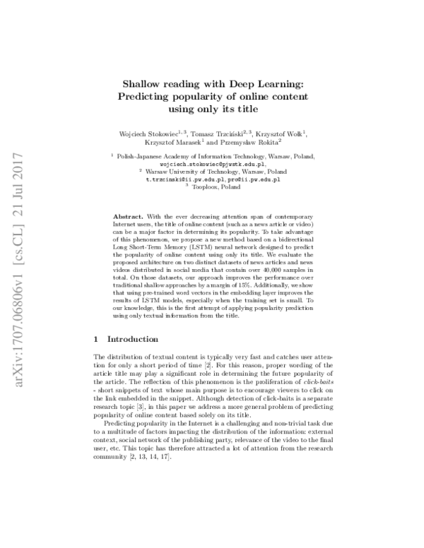(PDF) Shallow Reading with Deep Learning: Predicting Popularity of ...