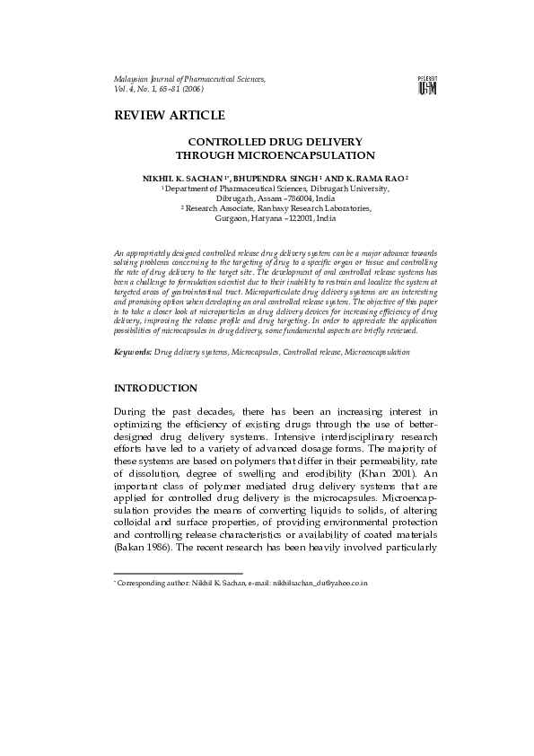 (PDF) Controlled drug delivery through microencapsulation