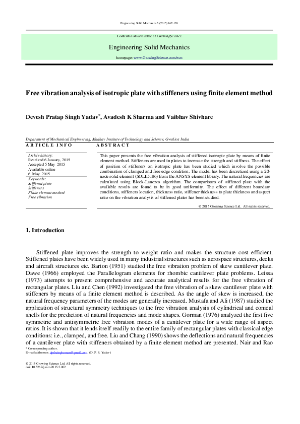 (PDF) Free vibration analysis of isotropic plate with stiffeners using ...