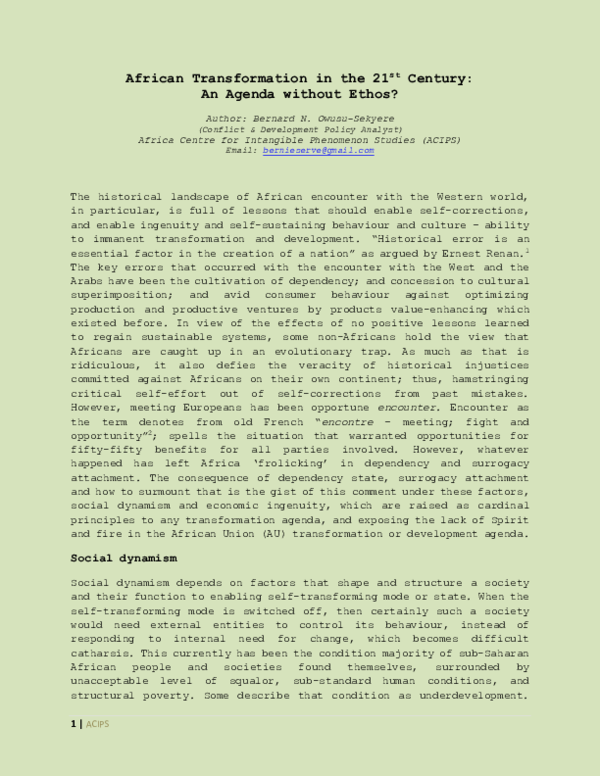 (PDF) African Transformation in the 21 st Century: An Agenda without Ethos