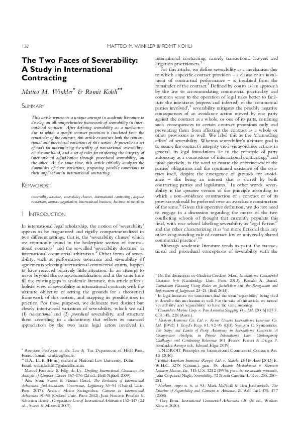 (PDF) The Two Faces of Severability: A Study in International Contracting