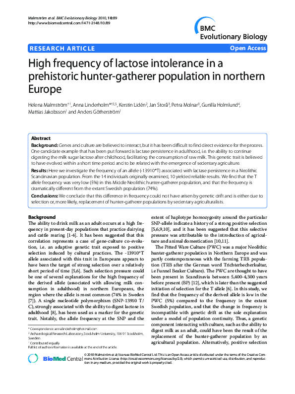 (PDF) High frequency of lactose intolerance in a prehistoric hunter