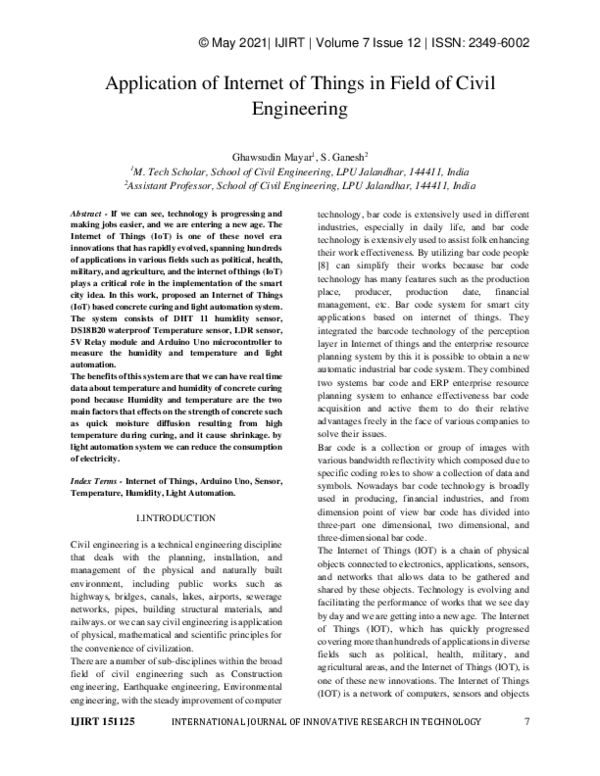 (PDF) Application of Internet of Things in Field of Civil Engineering