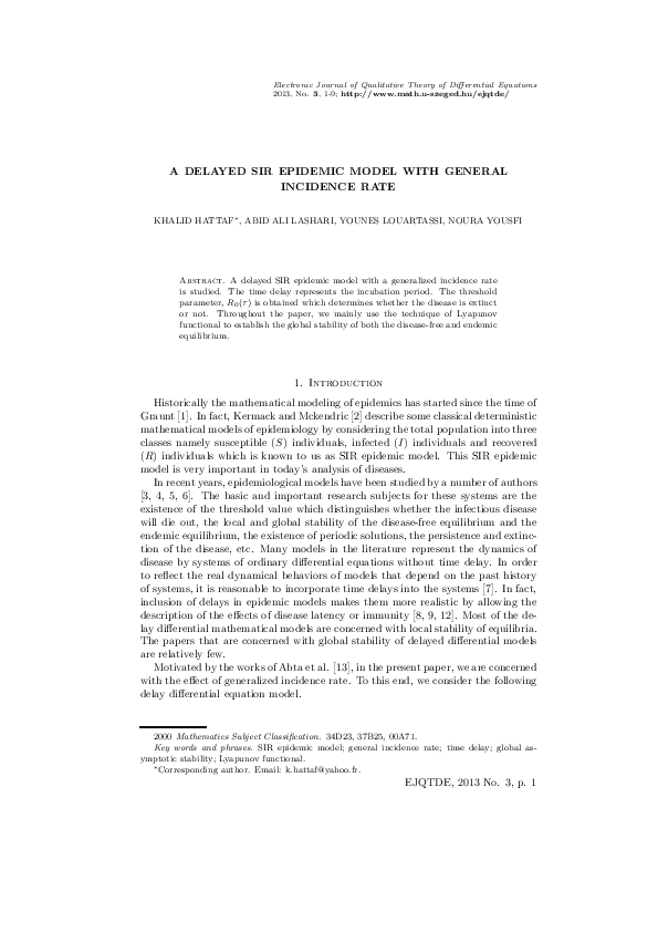 (PDF) A delayed SIR epidemic model with a general incidence rate
