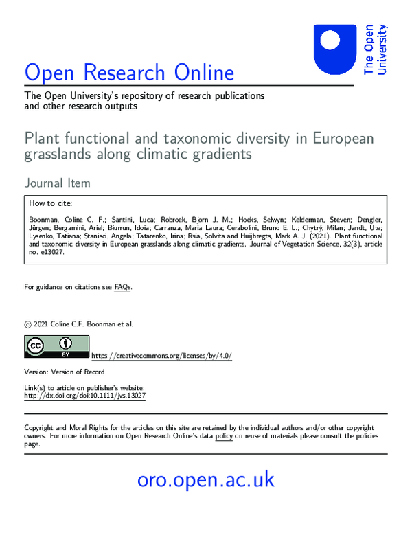 (PDF) Plant functional and taxonomic diversity in European grasslands ...
