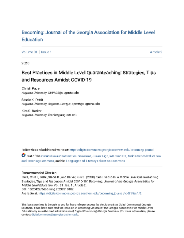 (PDF) Best Practices in Middle Level Quaranteaching: Strategies, Tips ...