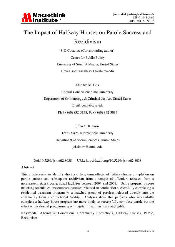 (PDF) The Impact of Halfway Houses on Parole Success and Recidivism