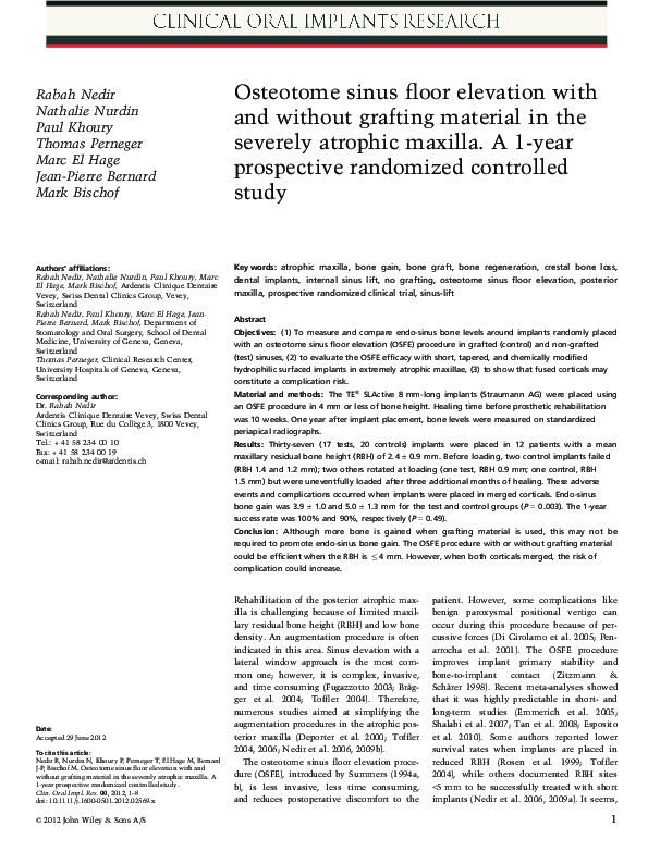 (PDF) Osteotome sinus floor elevation with and without grafting ...