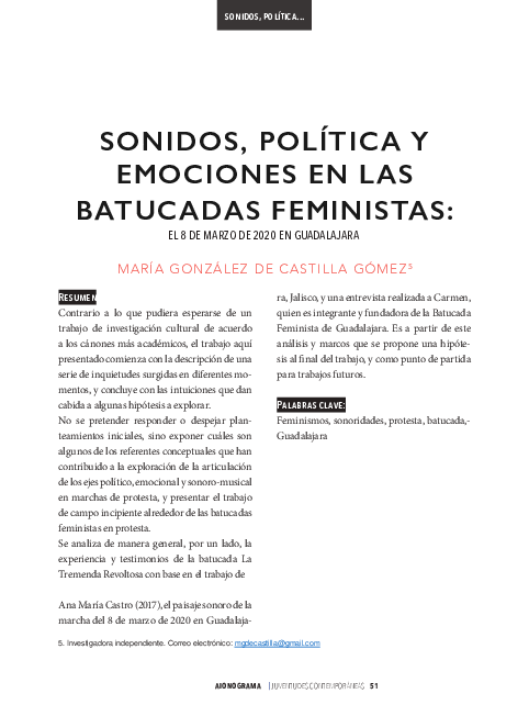 Sonidos, política y emociones en las batucadas feministas: el 8 de marzo en Guadalajara.