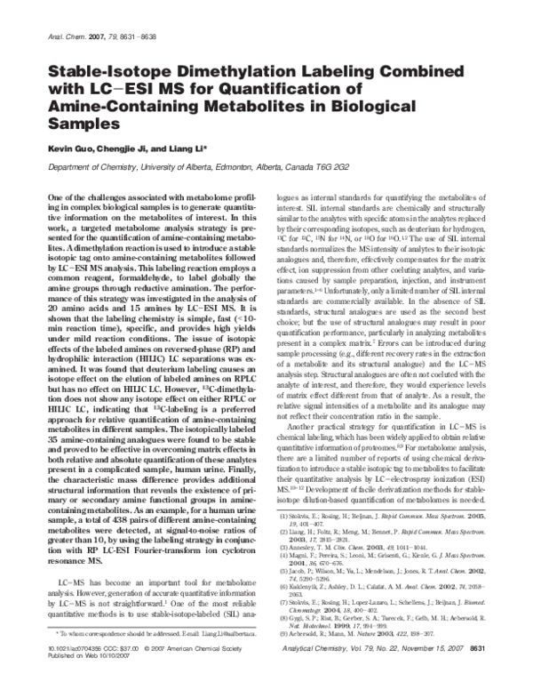 (PDF) Stable-Isotope Dimethylation Labeling Combined with LC−ESI MS for ...